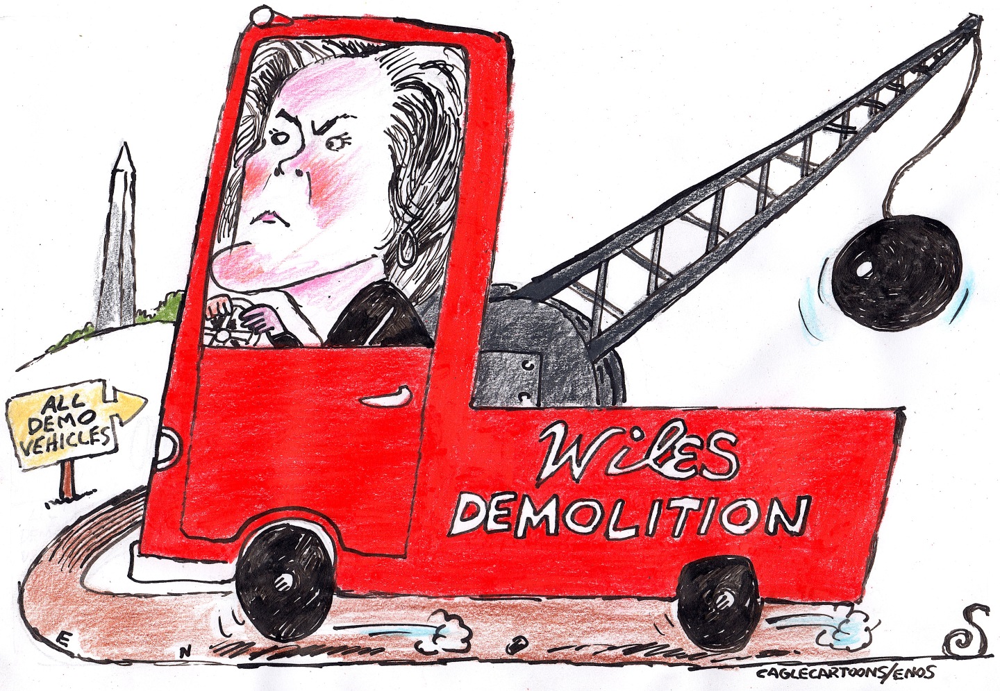 Susie Wiles drives a &amp;ldquo;Wiles Demolition&amp;rdquo; truck in this cartoon. The truck carries a big wrecking ball and she speeds to follow a sign that reads, &amp;ldquo;All Demo Vehicles.&amp;rdquo;