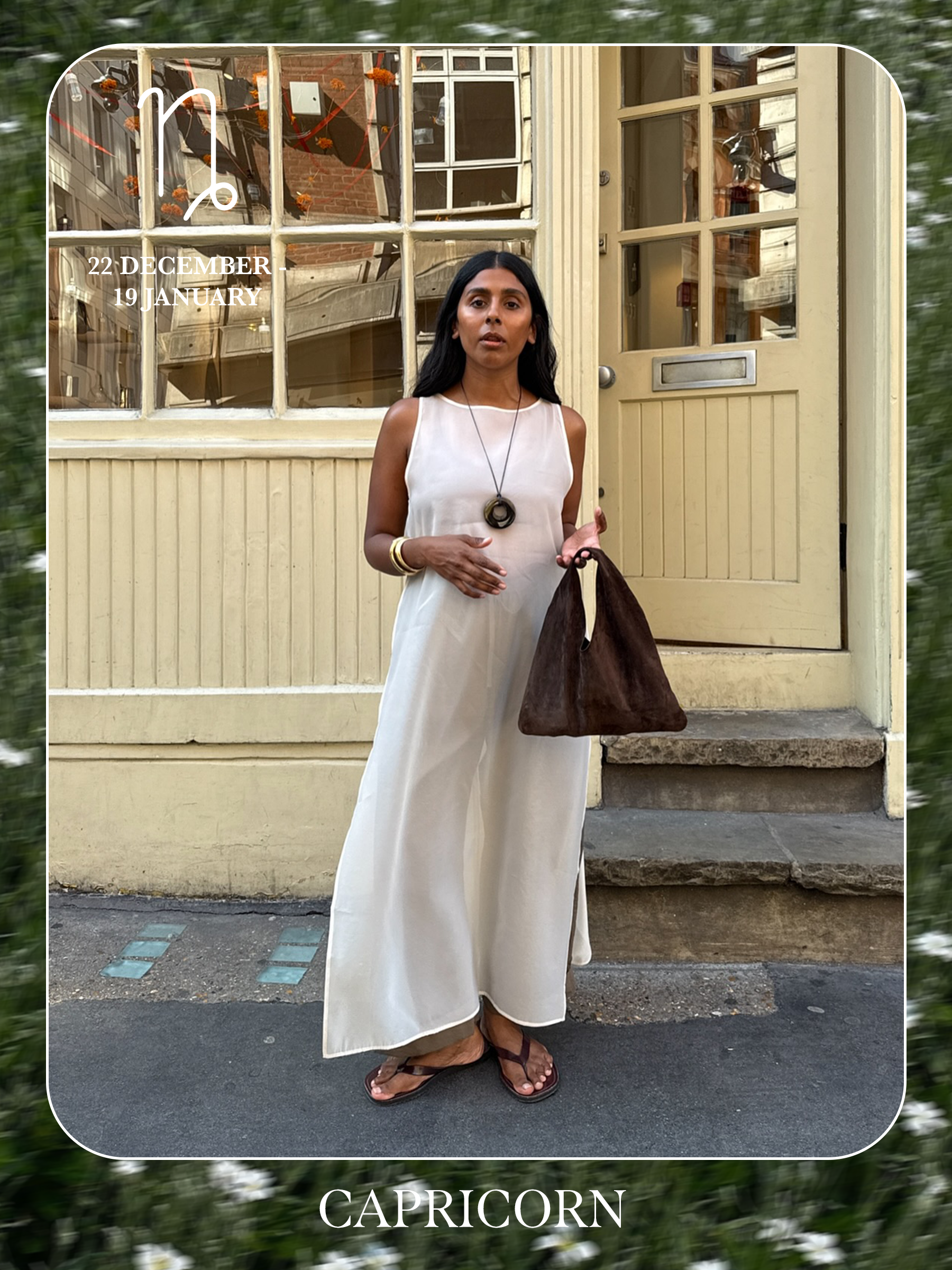 An image of @monikh posing in front of a restaurant wearing a sheer dress and flip-flops the characteristics of sun sign dressing if you're a Capricorn.