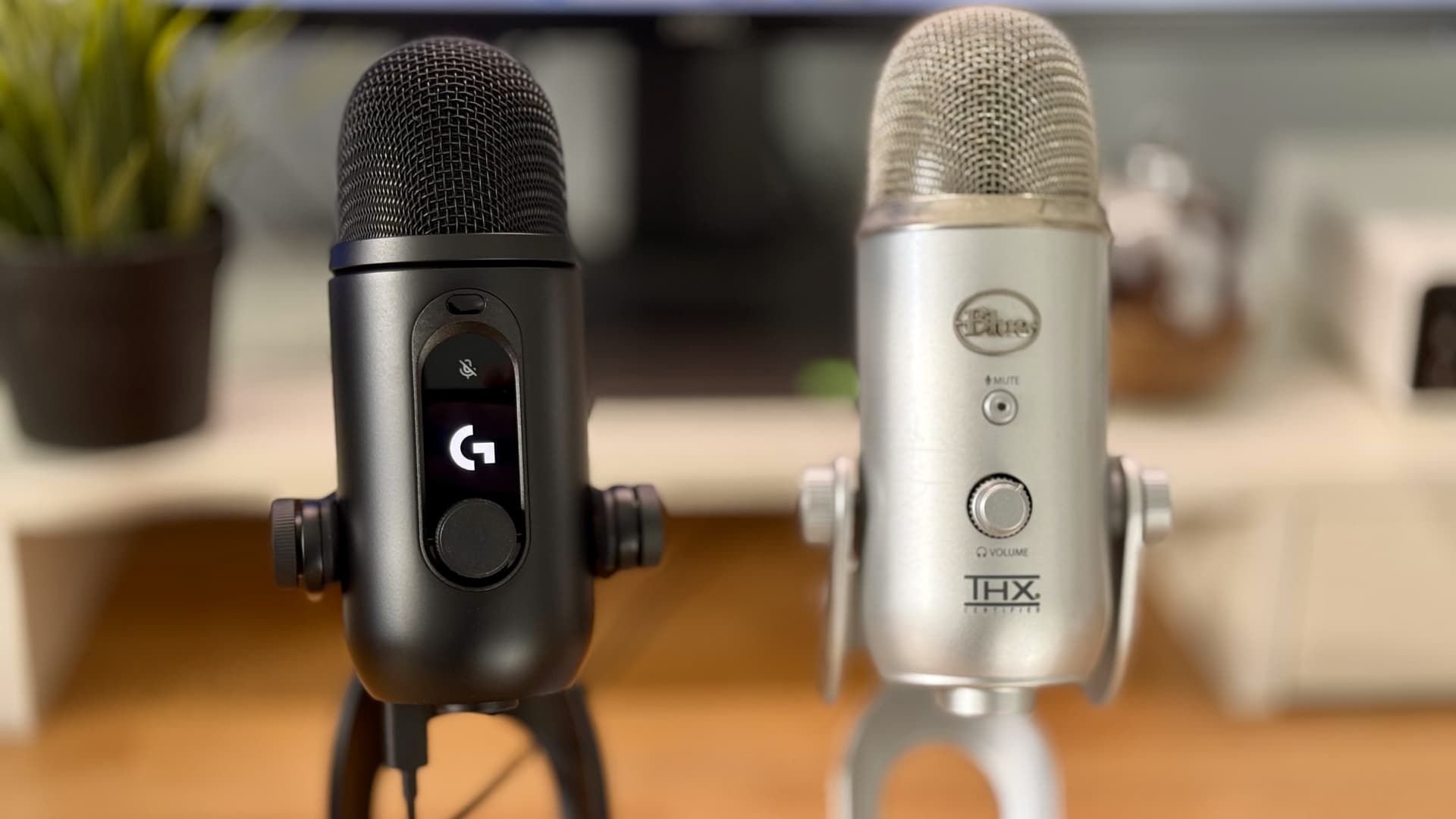 The Logitech Yeti 2 microphone on a desk.