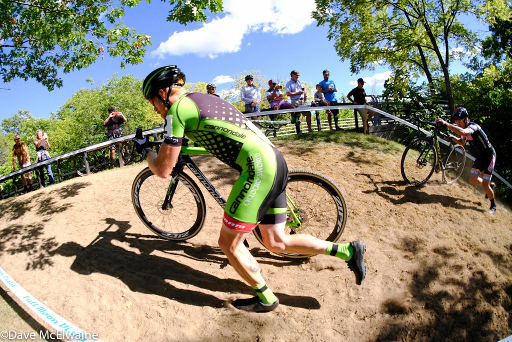 Stephen Hyde (Cannondale) running an off-camber section of the course during lap two.