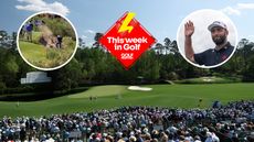Main image of Augusta National's Amen Corner with inset images of John Daly falling down a slope (top left), the This Week In Golf sticker (upper middle) and Jon Rahm waving (top right)