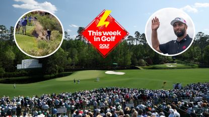Main image of Augusta National's Amen Corner with inset images of John Daly falling down a slope (top left), the This Week In Golf sticker (upper middle) and Jon Rahm waving (top right)