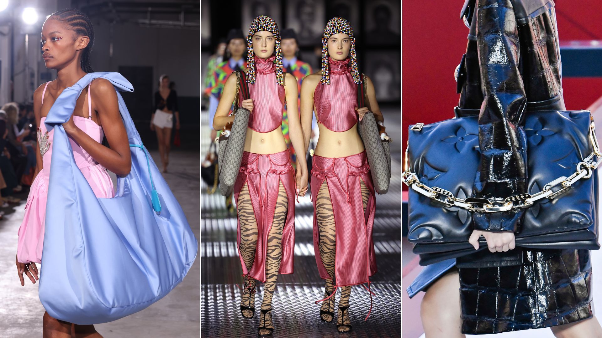 models carrying extra large tote bags on the catwalk to illustrate the handbag trends 2023