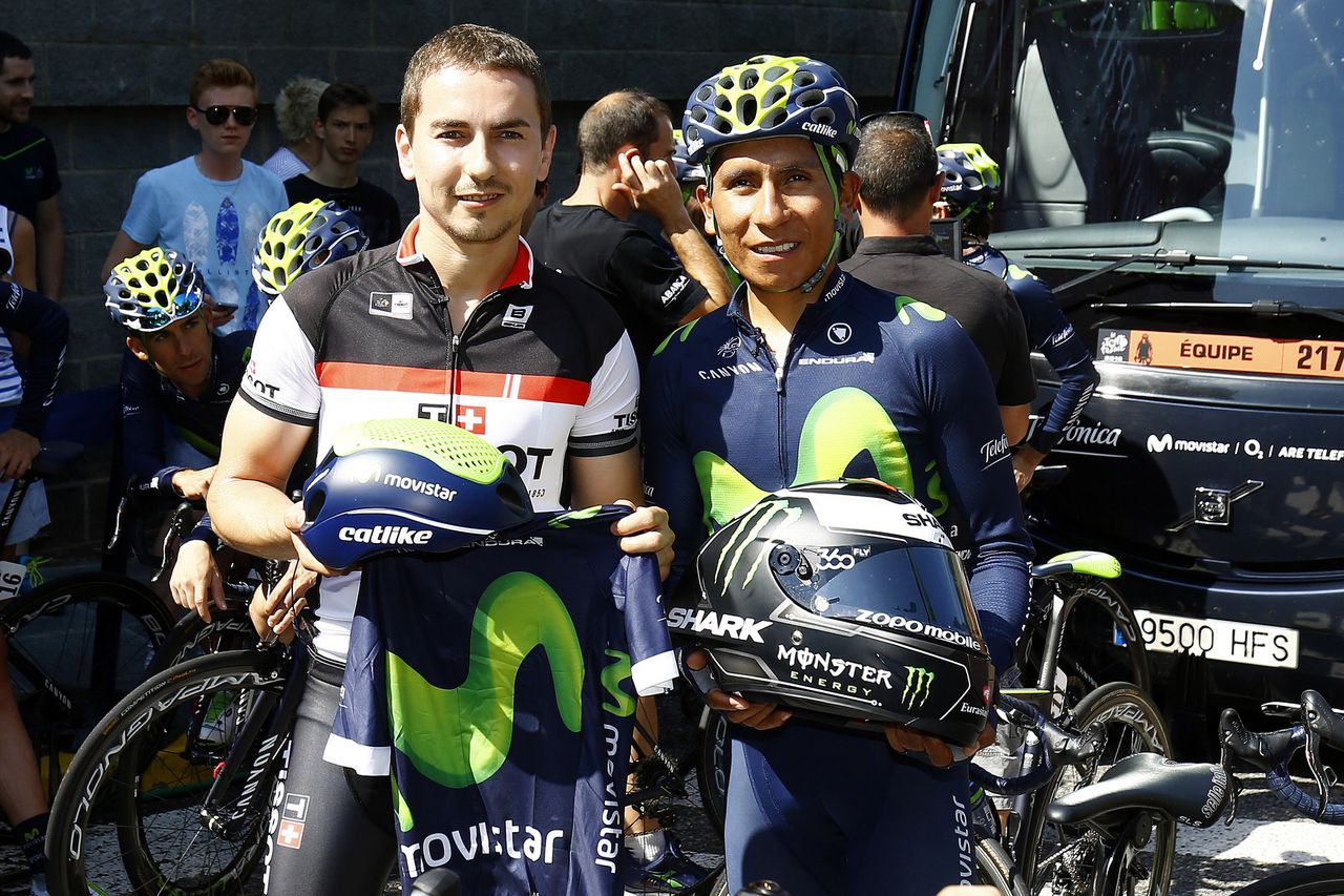 Moto GP star Jorge Lorenzo poses with Nairo Quintana