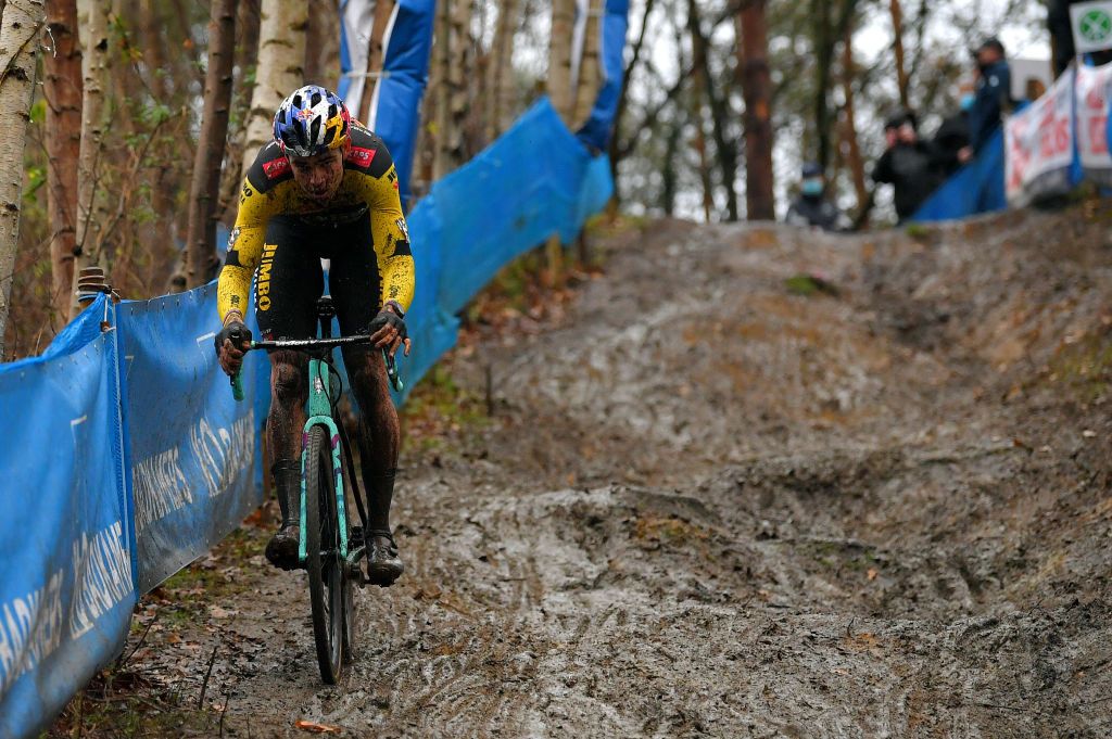 HERENTALS BELGIUM DECEMBER 23 Wout Van Aert of Belgium and Team Jumbo Visma Mud during the 37th Herentals Azencross 2020 Men Elite CX DVVTrofee Azencross on December 23 2020 in Herentals Belgium Photo by Luc ClaessenGetty Images