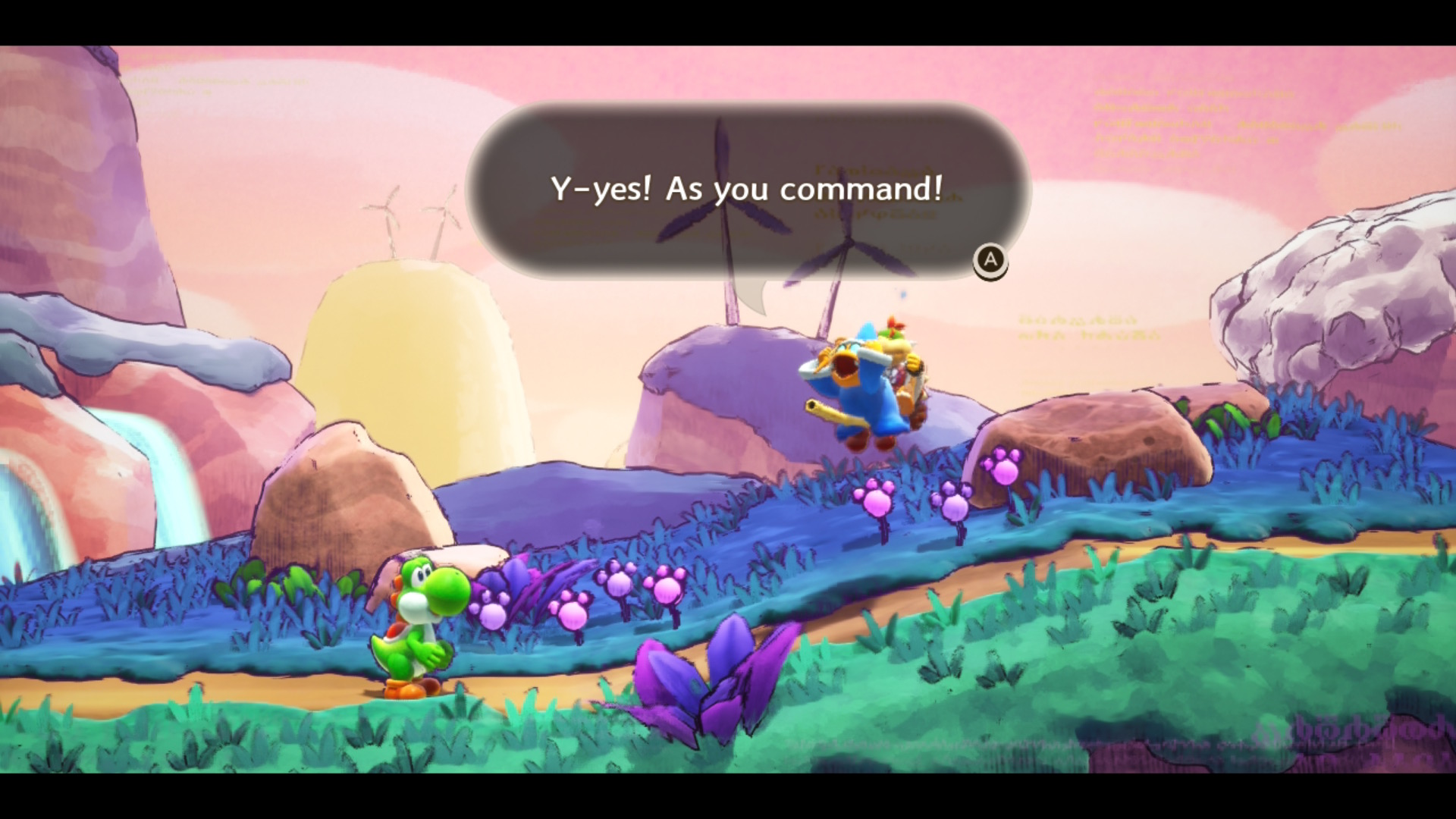 In Yoshi and the Mysterious Book, a green Yoshi encounters Kamek who flies on his broom with Bowser Jr riding in tow behind him