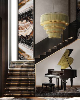 black and gold staircase and hallway