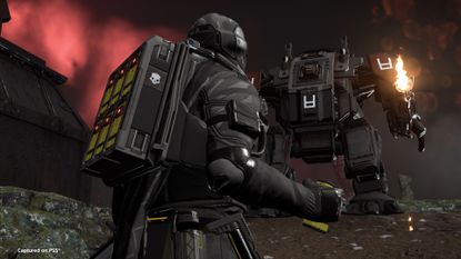 Helldivers 2 screenshot showing a soldier sneaking up on a robot
