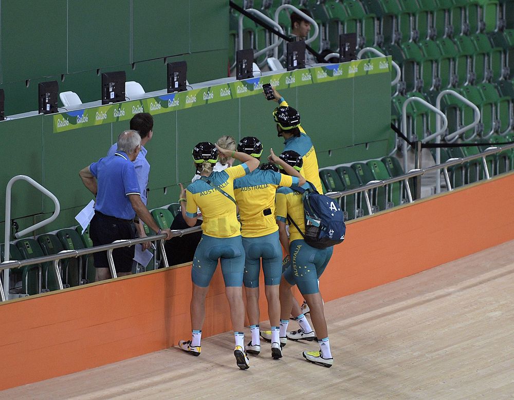 The Australian team take a selfie at the velodrome