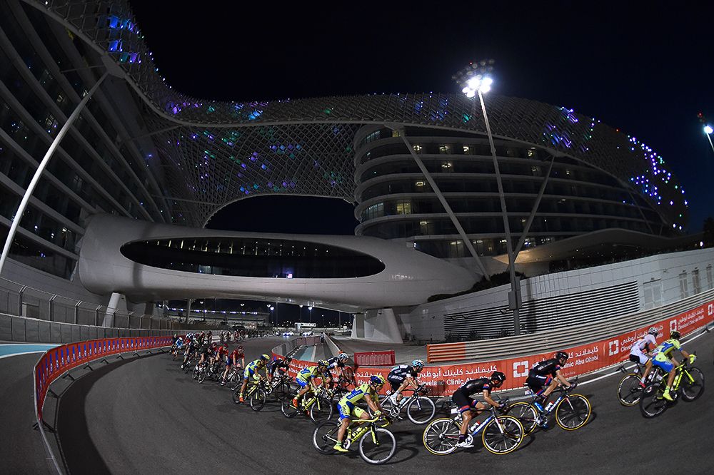 The Abu Dhabi peloton in action at the Yas Marina Formula One track.
