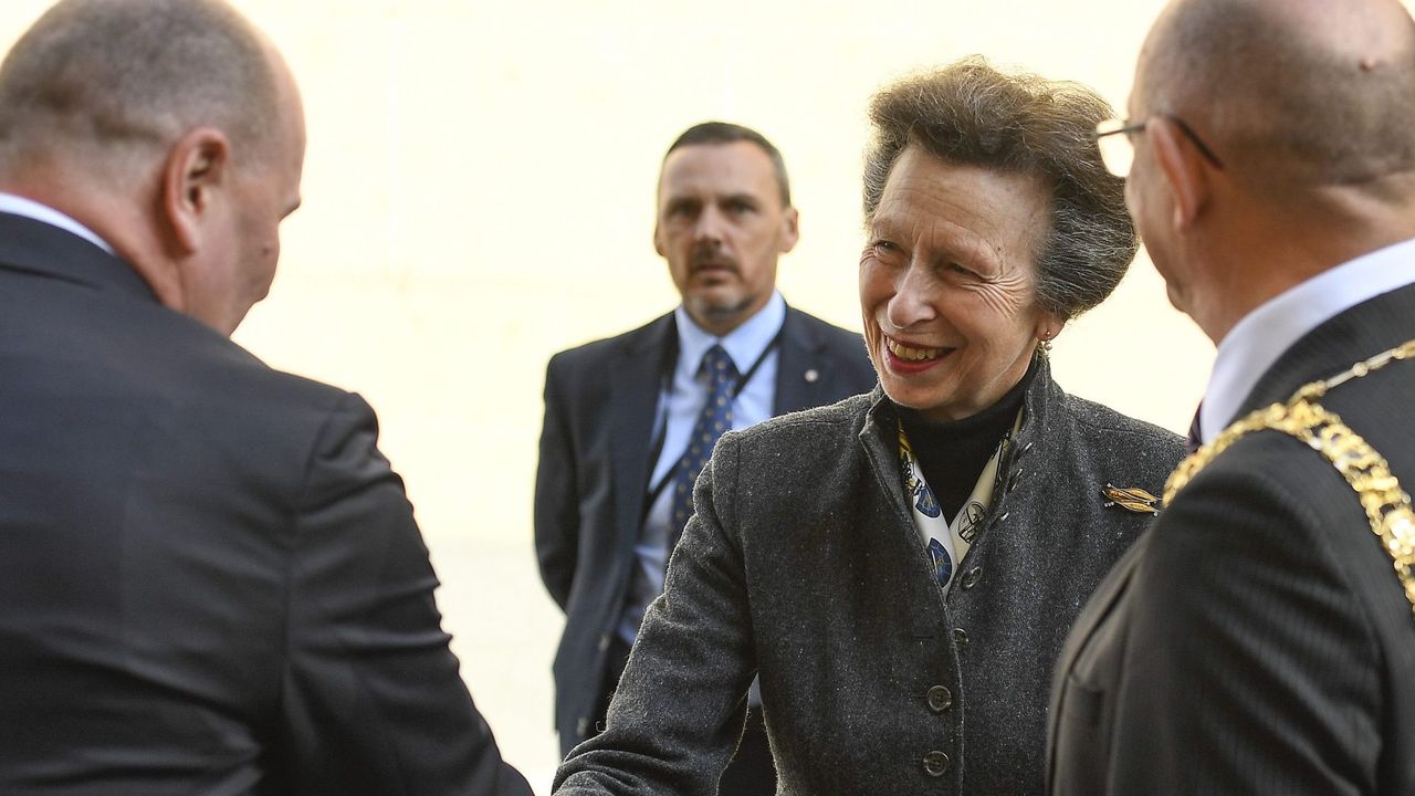 Martin Perry, Director of Development Nuveen and the Lord Provost, Cllr Robert Aldridge meet and greet Princess Anne, Princess Royal as she arrives onto Elder Street during a VIP tour of St James Quarter on September 29, 2022 in Edinburgh, Scotland.