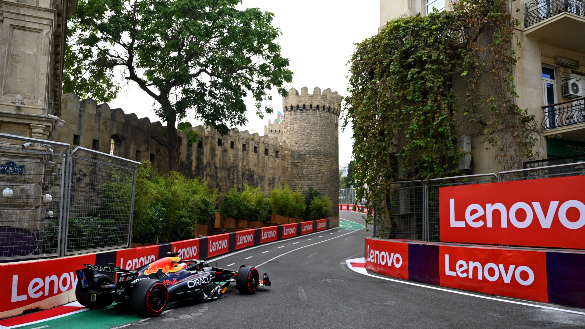 Max Verstappen driving his Red Bull through the Baku City Circuit at the Azerbaijan Grand Prix in 2025