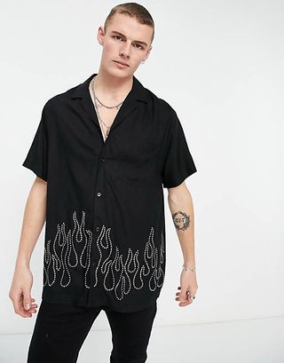 ASOS DESIGN relaxed revere shirt in black with flame stud detail