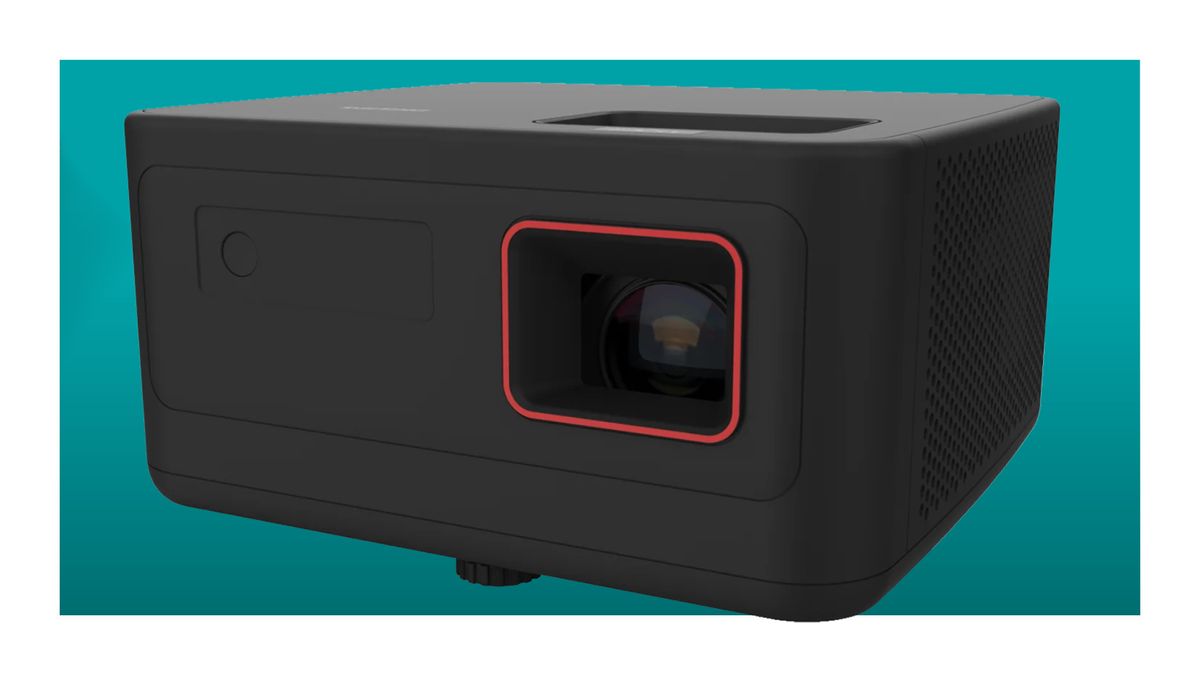 The Philips GamePix 900 gaming projector on a teal deals background.