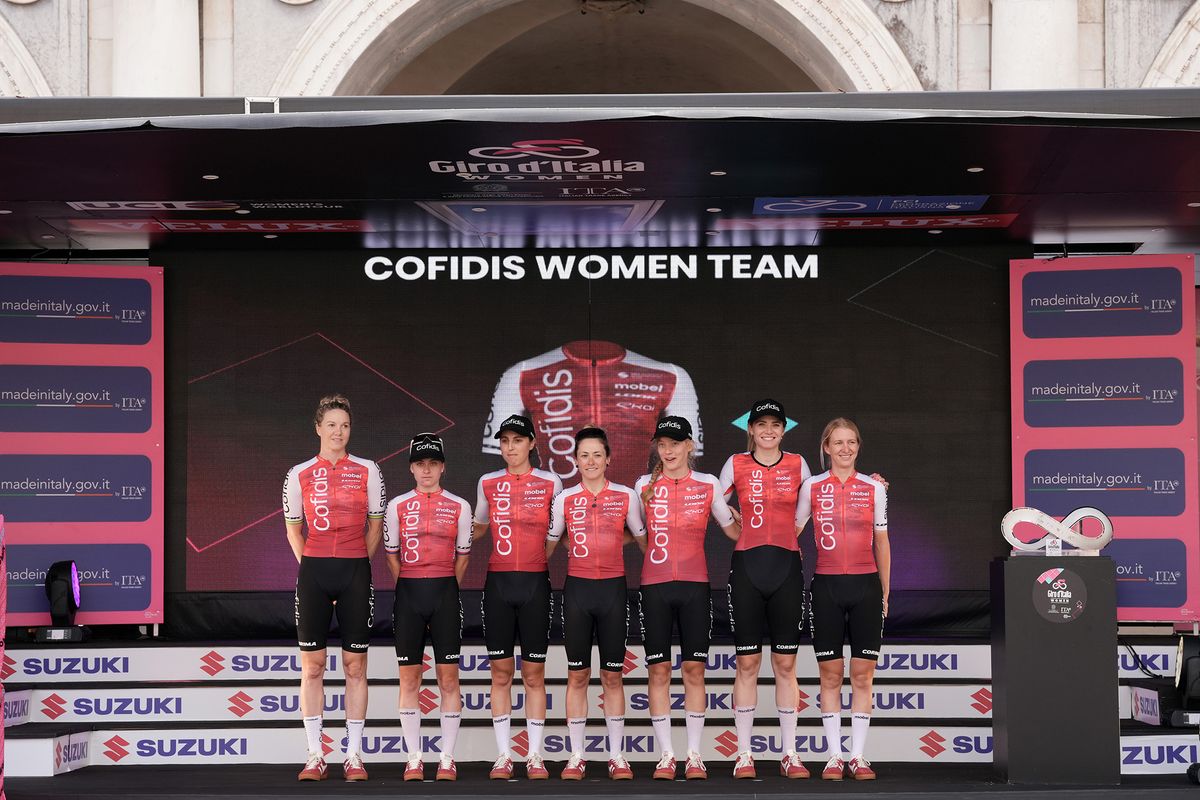 Cofidis on stage at the 2024 Giro d'Italia Women at the teams presentation at the Piazza della Loggia in Brescia