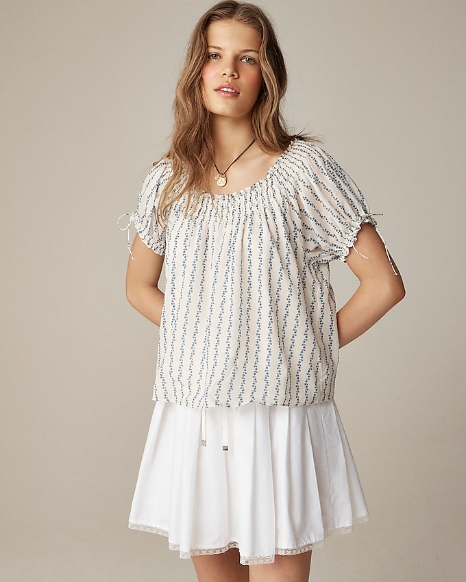 Smocked Ruffle-Trim Top in Blue Daisy Print