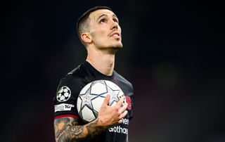 Alejandro Grimaldo of Bayer 04 Leverkusen during the UEFA Champions League match between Olympiacos FC and Bayer 04 Leverkusen at Georgios Karaiskakis Stadium on January 20, 2026 in Piraeus, Greece.