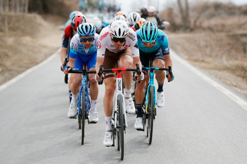 BAZA SPAIN FEBRUARY 19 LR Simon Yates of United Kingdom and Team BikeExchange Jayco Ben Alexander Oconnor of Australia and Ag2R Citroen Team and Alexey Lutsenko of Kazahkstan and Team Astana Qazaqstan compete in the breakaway during the 68th Vuelta A Andalucia Ruta Del Sol 2022 Stage 4 a 167km stage from Cllar Vega to Baza 836m 68RdS on February 19 2022 in Baza Spain Photo by Bas CzerwinskiGetty Images