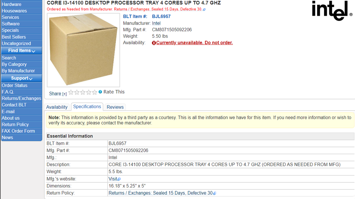 A screenshot of the i3-14100 listing on ShopBLT.