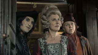 Noel Fielding in a black hat and coat as Dick Turpin, Tamsin Greig in a grey dress and wig as Lady Helen Gwinear and Ellie White in a brown coat and hat as Nell in The Completely Made-Up Adventures of Dick Turpin.