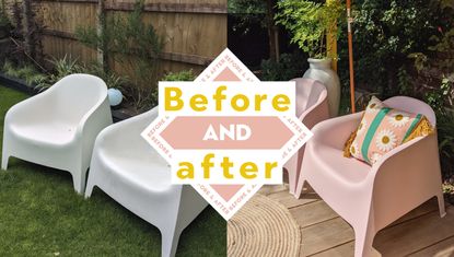 Before and after of IKEA SKARPO chairs in white and pink in yard