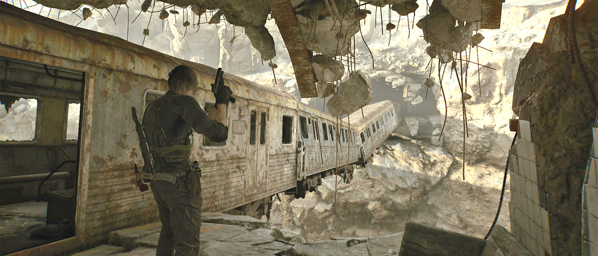 Resident Evil Requiem review; a man stands looking at a crashed train
