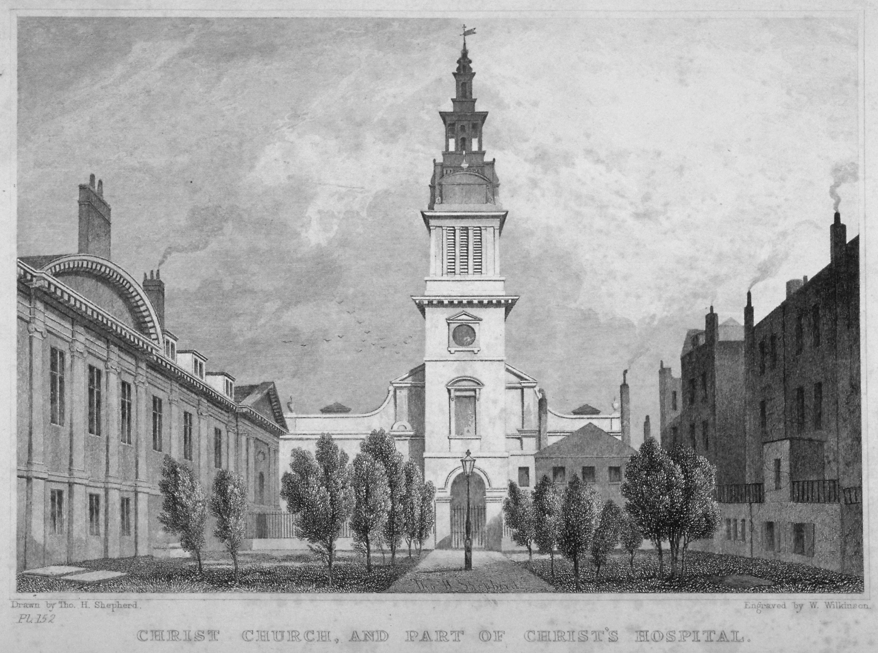 West view of Christ Church, Newgate Street, with part of Christ&#039;s Hospital, City of London, 1830