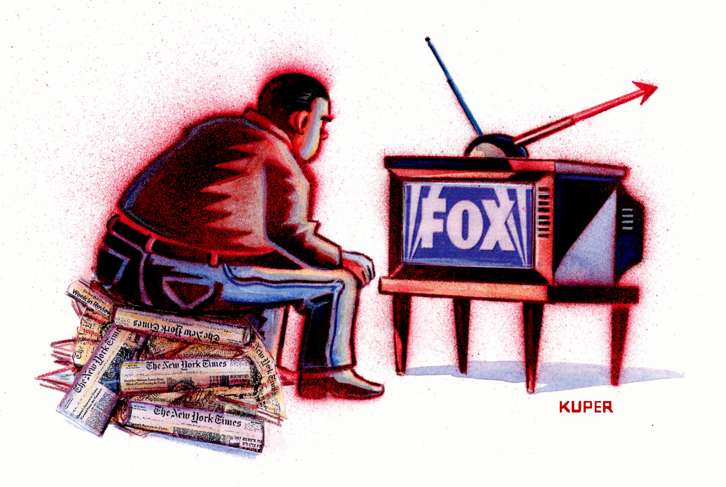 This political cartoon depicts a heavyset man sitting on a pile of New York Times print editions as he watches FOX News on television. The television antenna is an arrow that points sharply to the right.