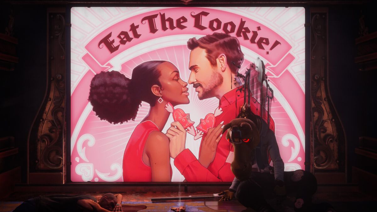 Judas screenshot - a happy couple about to kiss beneath a banner that says &quot;eat the cookie&quot;