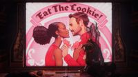 Judas screenshot - a happy couple about to kiss beneath a banner that says "eat the cookie"