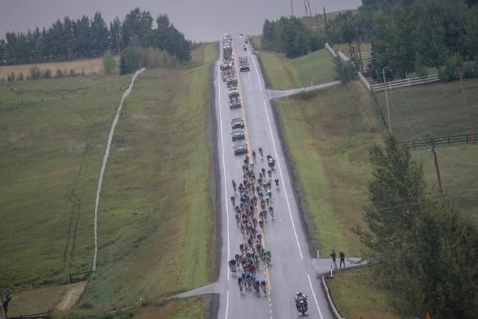 The peloton spreads out a little on one of today's rolling descents.