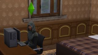 A Sim sits in the standard Reaper costume in The Sims 4