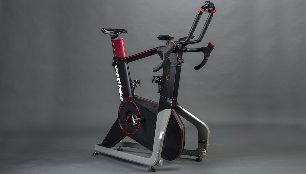 Wattbike Atom indoor smart bike, with adjust fit and tri bars. In stealth black and red paint finish