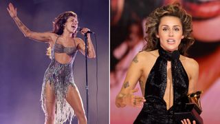 A split photo of Miley Cyrus wearing sequin costumes and a teased brunette bouffant at the 2024 Grammys.