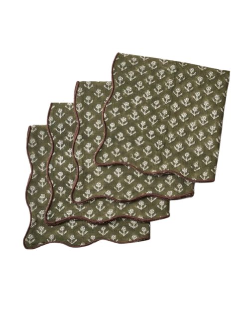Olive Green Cosmos Block Printed Napkin Set of 4