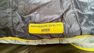 The Big Agnes Anthracite 20° sleeping bag label