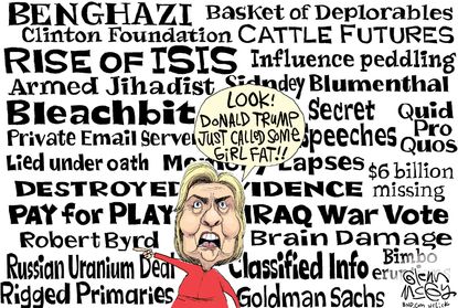 Political cartoon U.S. Donald Trump Hillary Clinton scandals