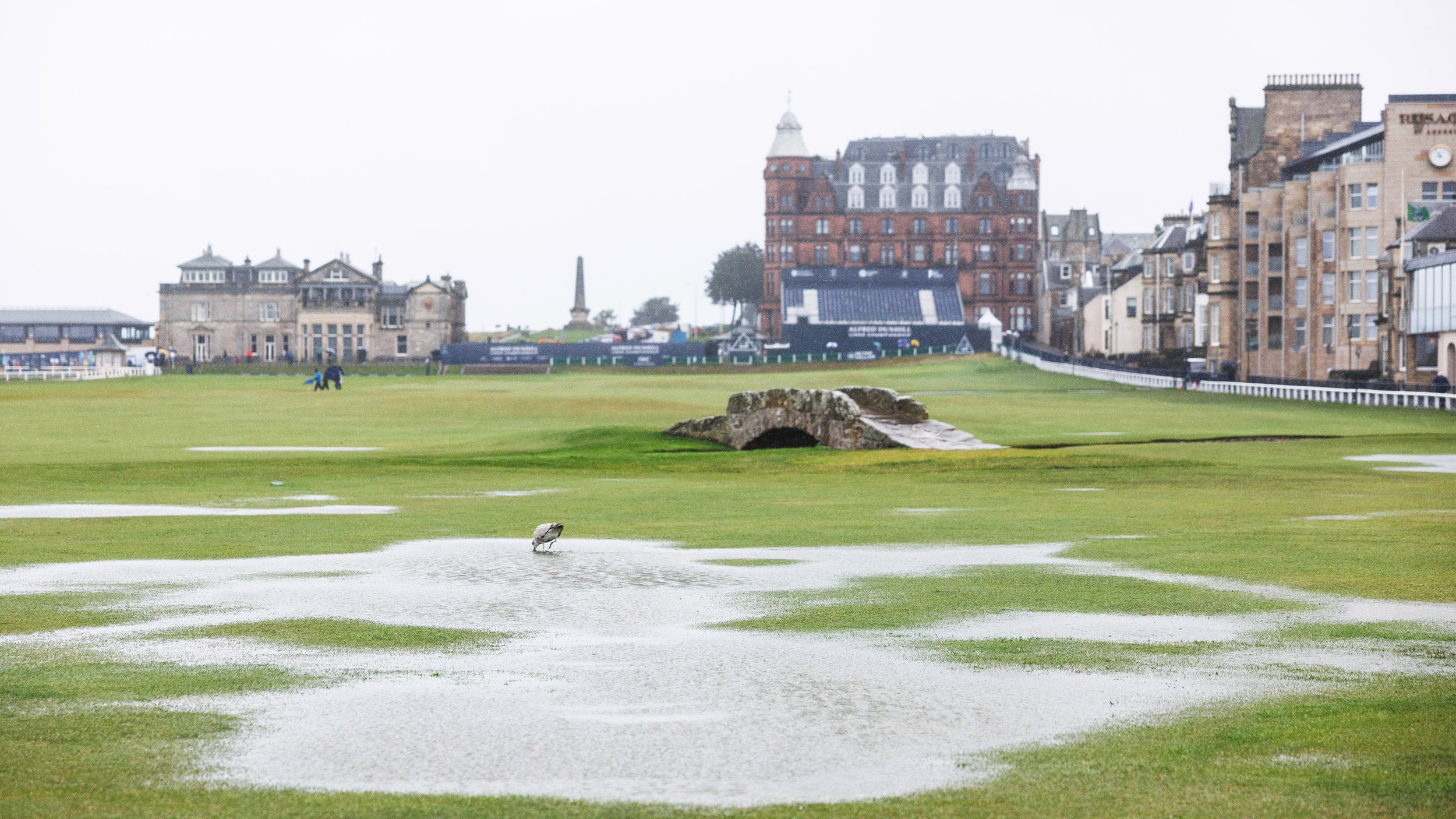 Huge puddles pictured on the 18th hole of the Old Course at St Andrews during the 2023 Alfred Dunhill Links Championship