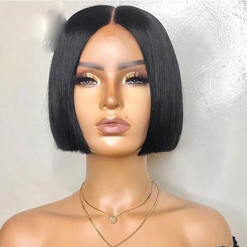 Natural Black Lace Front Wig Blunt Cut Bob Wig Pre Plucked Short Bob Human Hair Wig Brazilian Remy Hair for Black Women 13x6 Hd Lace Wig 150% Density Glueless Natural Hairline Wig 8inch