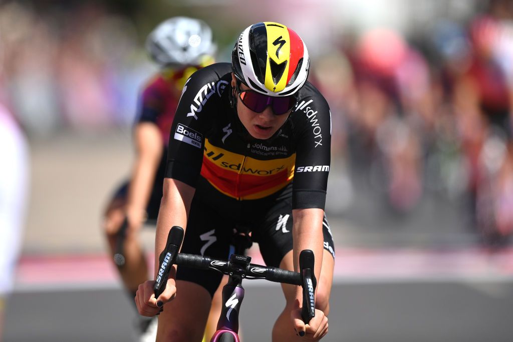 MALDON ENGLAND MAY 27 Lotte Kopecky of Belgium and Team SD Worx crosses the finish line during the 5th RideLondon Classique 2022 Stage 1 a 1365km stage from Maldon to Maldon RideLondon UCIWWT on May 27 2022 in Maldon England Photo by Justin SetterfieldGetty Images