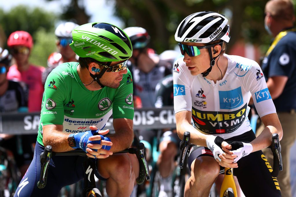 NMES FRANCE JULY 08 Mark Cavendish of The United Kingdom and Team Deceuninck QuickStep Green Points Jersey Jonas Vingegaard of Denmark and Team JumboVisma White Best Young Rider Jersey at start during the 108th Tour de France 2021 Stage 12 a 1594km stage from SaintPaulTroisChateaux to Nimes LeTour TDF2021 on July 08 2021 in Nmes France Photo by Michael SteeleGetty Images
