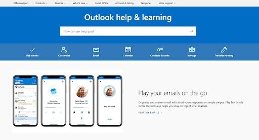 Microsoft Outlook's customer support web portal