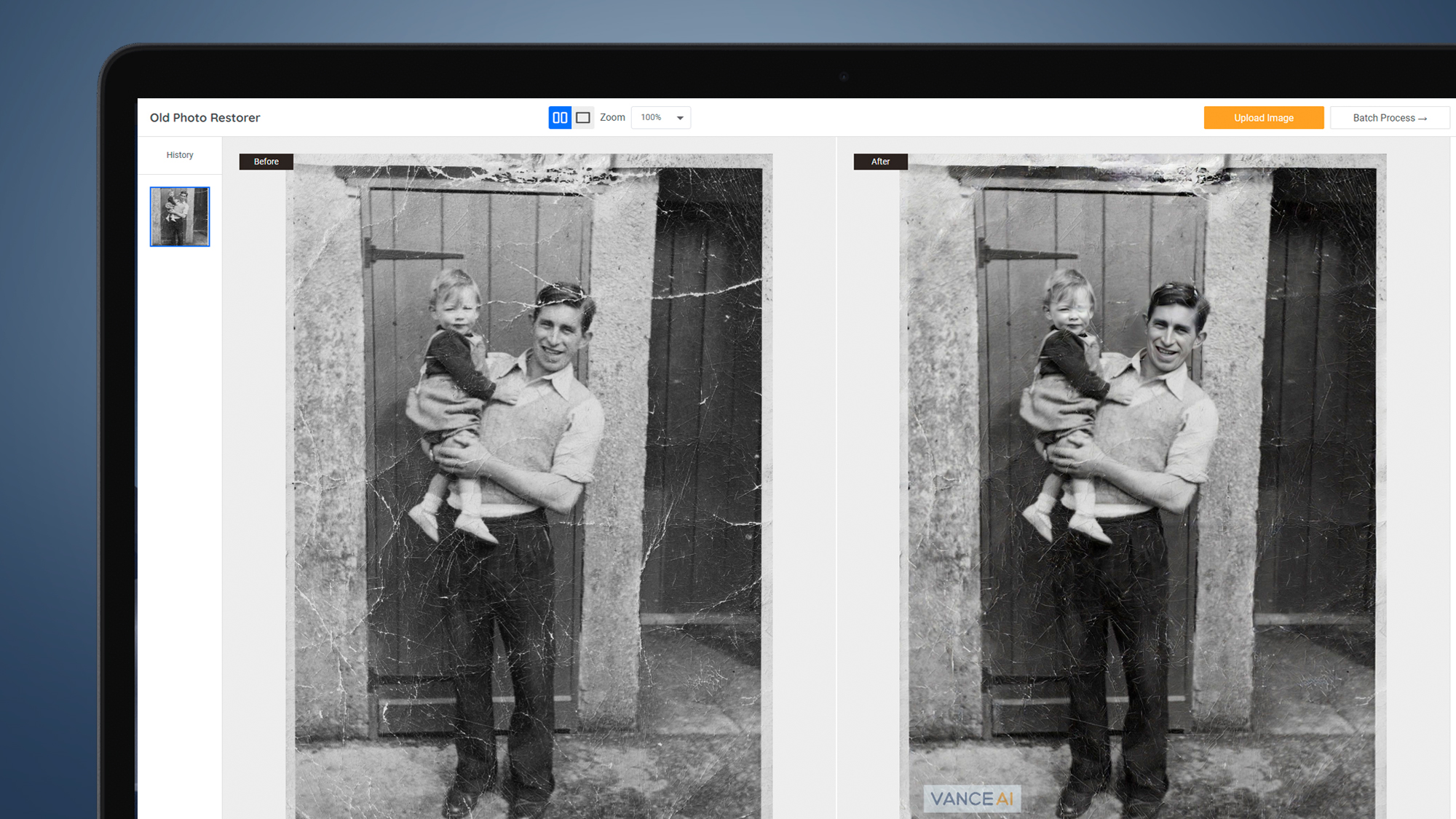 A laptop screen showing Vance AI photo restoration in action