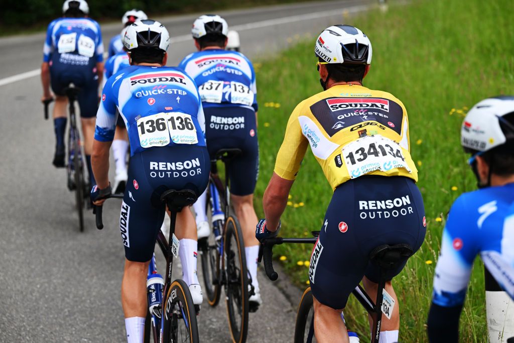 REGENSDORF SWITZERLAND JUNE 10 Detailed view of Yves Lampaert of Belgium and Team Soudal QuickStep Yellow leader jersey competes during the 87th Tour de Suisse 2024 Stage 2 a 1773km stage from Vaduz to Regensdorf UCIWT on June 10 2024 in Regensdorf Switzerland Photo by Tim de WaeleGetty Images