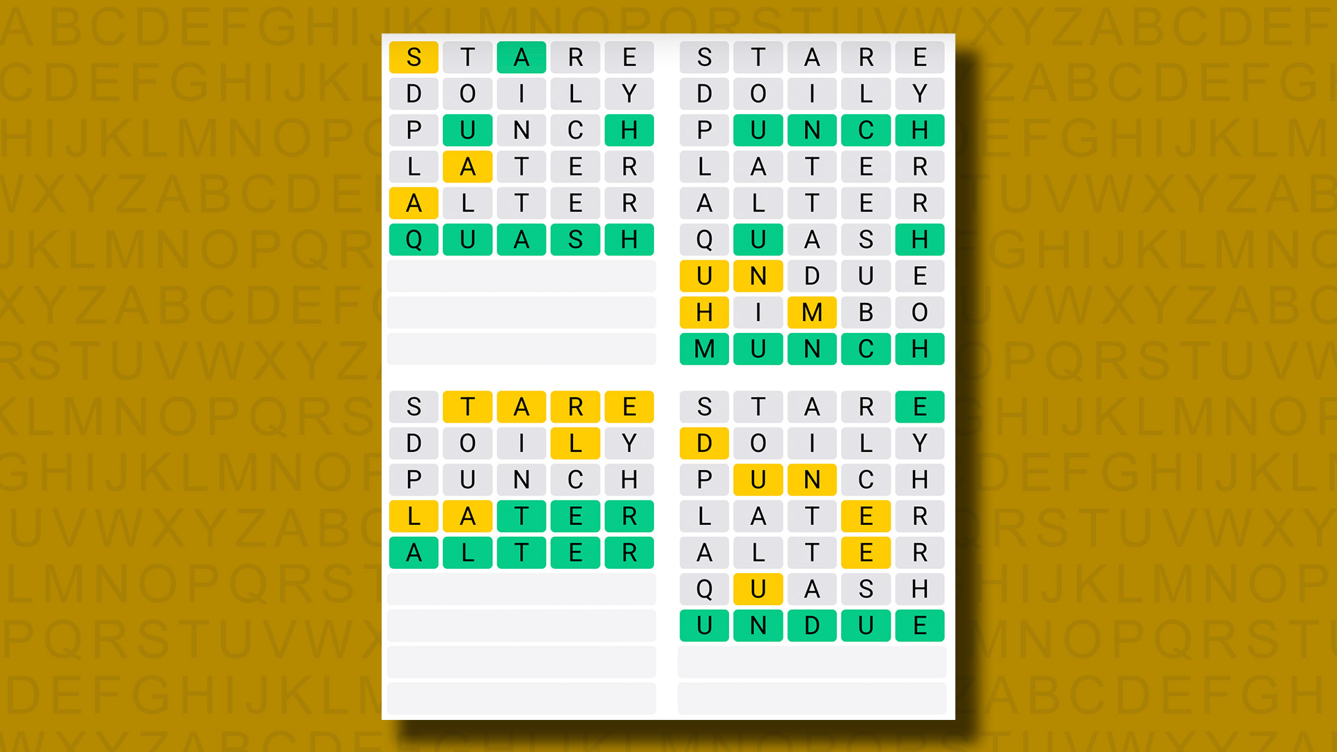 Quordle answers for game 1203 on a yellow background