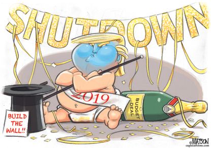 Political cartoon U.S. Trump new years border wall shutdown