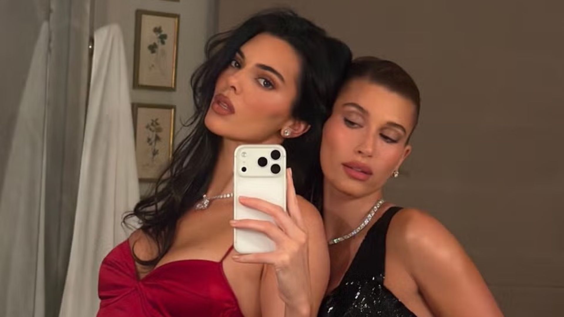 Kendall Jenner and Hailey Bieber pose for a photo while wearing luxurious jewellery looks. 
