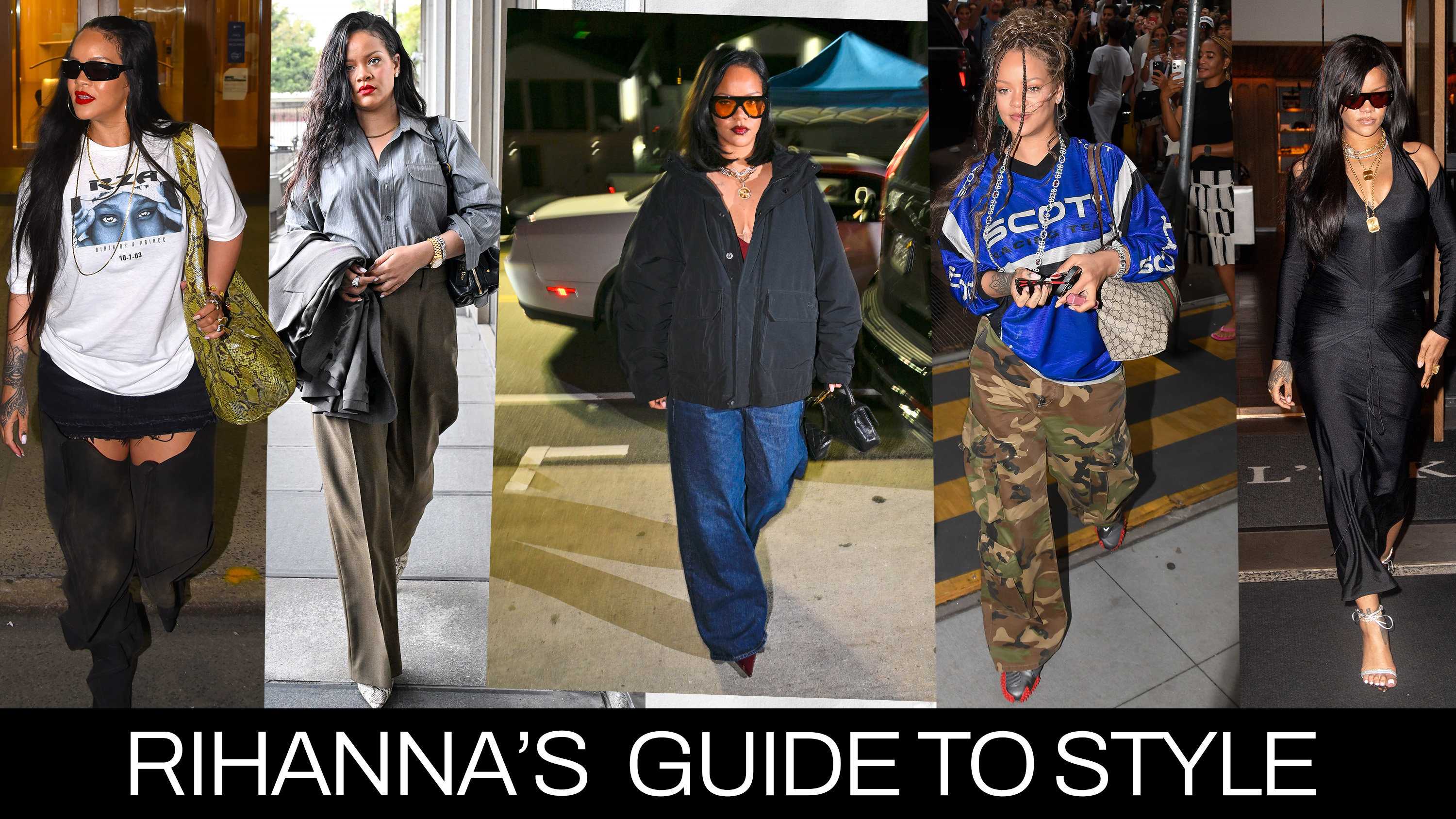 collage of rihanna wearing stylish outfits