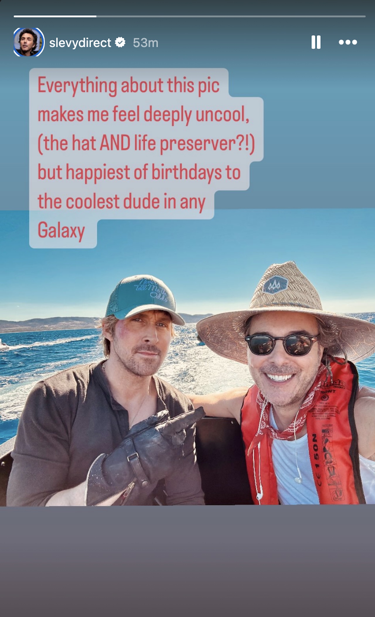 Shawn Levy&#039;s Birthday post for Ryan Gosling, showing the actor&#039;s gloves.