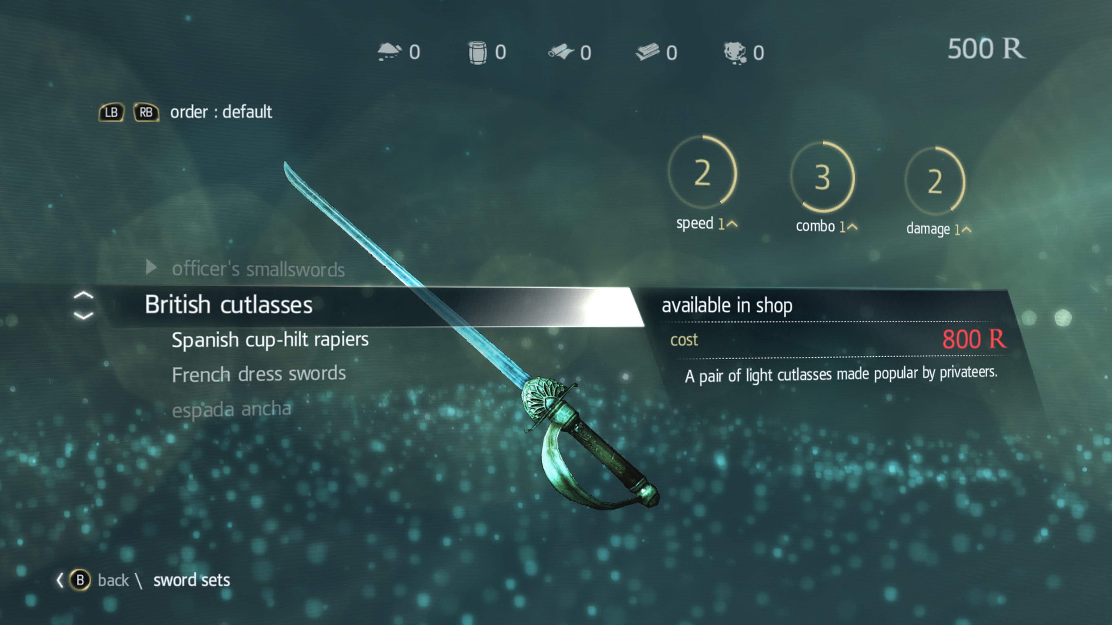 A sword in the inventory menu of Black Flag